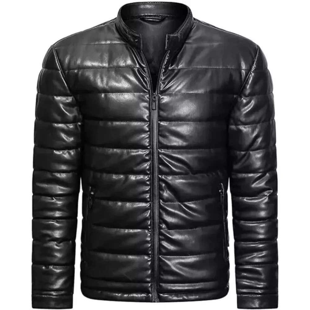 100%PURE LAMBSKIN MEN PUFFER LEATHER JACKET BLACK LIGHTWEIGHT UK