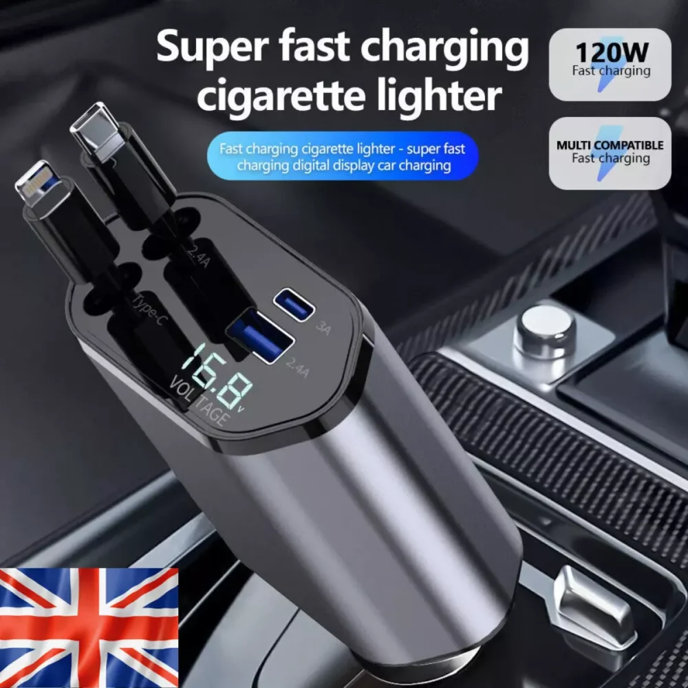 NEW 4 IN 1 CAR CHARGER RETRACTABLE USB TYPE C FOR IPHONE FAST CHARGER GOOD 120W