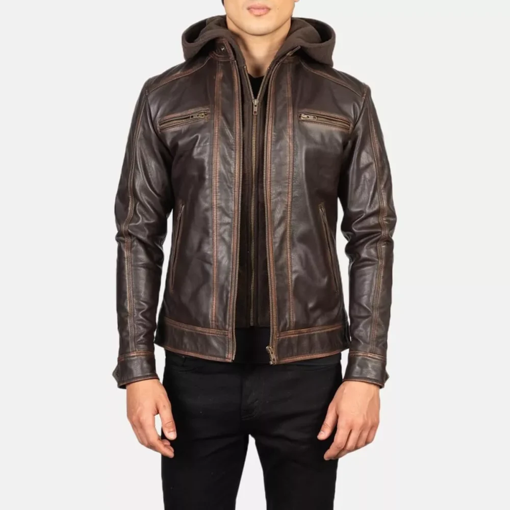 PURE SHEEP LEATHER MEN,S PREMIEUM BROWN LEATHER JACKET WITH REMOVABLE HOODED UK