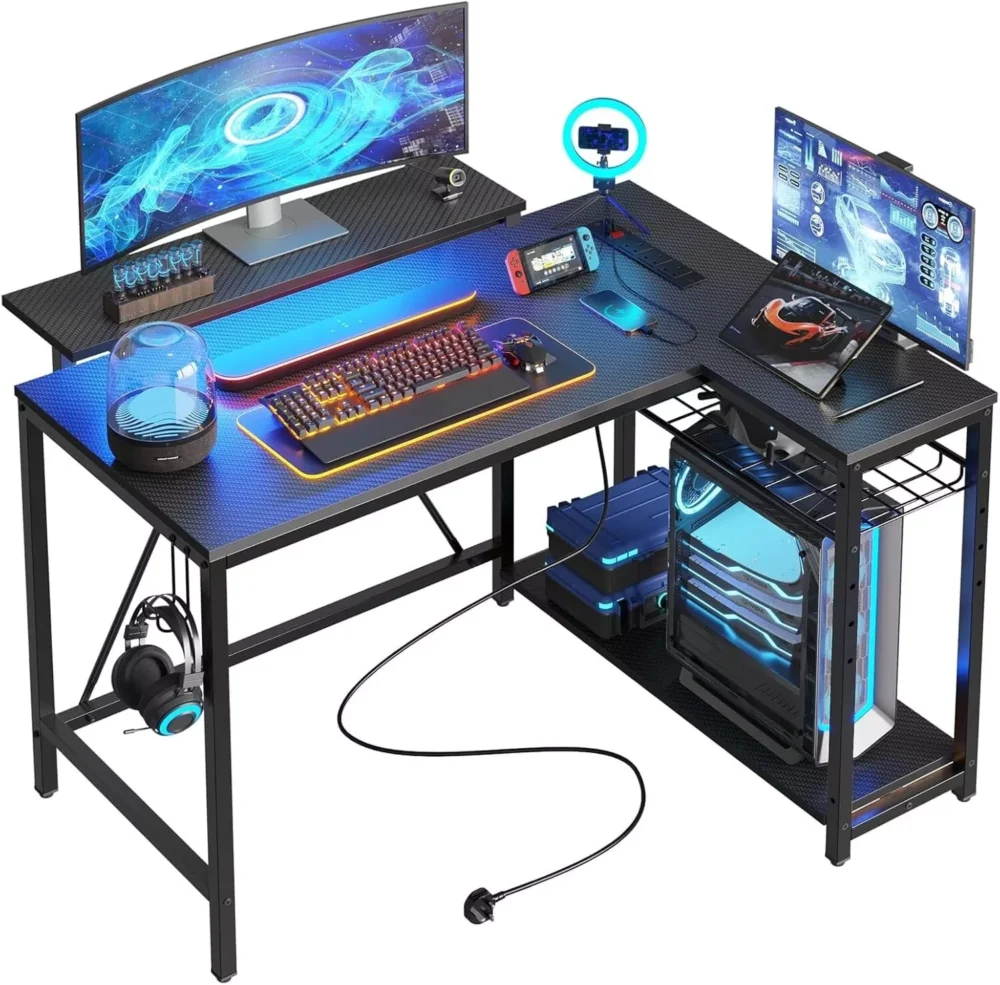 L Shaped Desk with Power Outlets & LED Lights Compact Corner Gaming Desk UK