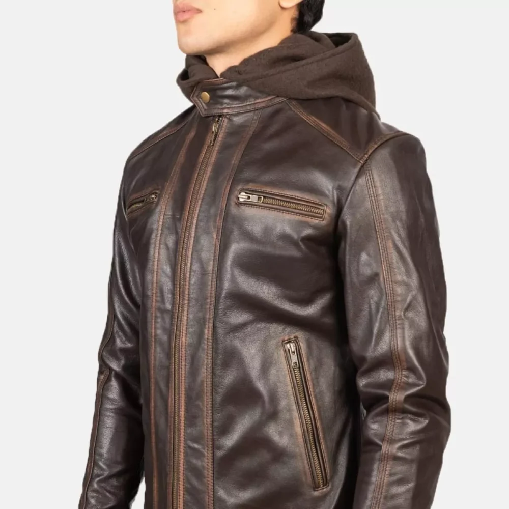 PURE SHEEP LEATHER MEN,S PREMIEUM BROWN LEATHER JACKET WITH REMOVABLE HOODED UK - Image 2